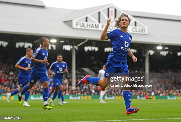 Wout Faes of Leicester City celebrates scoring his team's first goal during the Premier League match between Fulham FC and Leicester City FC at...