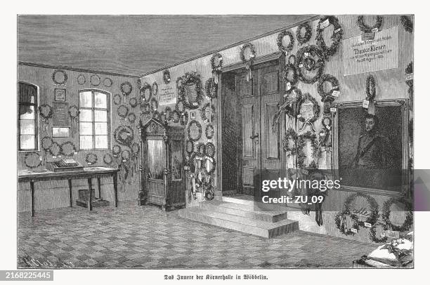 körner hall in wöbbelin (mecklenburg-vorpommern, germany, wood engraving, published 1892 - empty cubicles stock illustrations
