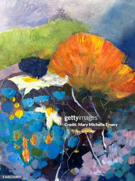 stockillustraties, clipart, cartoons en iconen met abstract flowers in blue and orange - schilderij