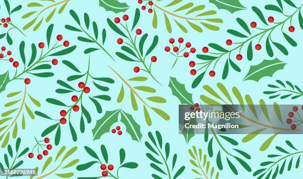christmas floral pattern with red berries, poinsettias, and greenery on deep red background - berry stock illustrations