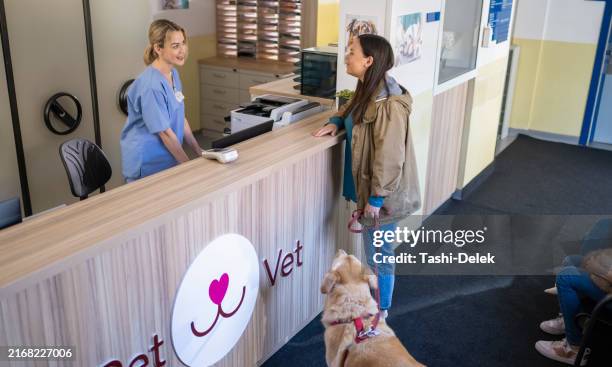 mujer caucásica con perro en la recepción del veterinario - clínica veterinaria fotografías e imágenes de stock