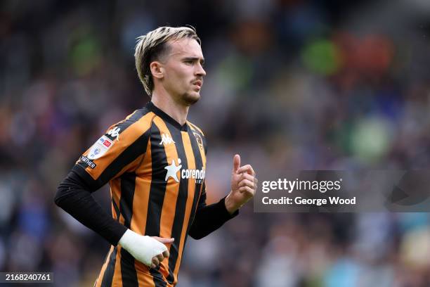 Liam Millar of Hull City looks on during the Sky Bet Championship match between Hull City AFC and Millwall FC at MKM Stadium on August 24, 2024 in...