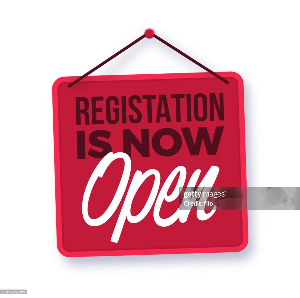 Registration is Now Open Red Hanging Sign