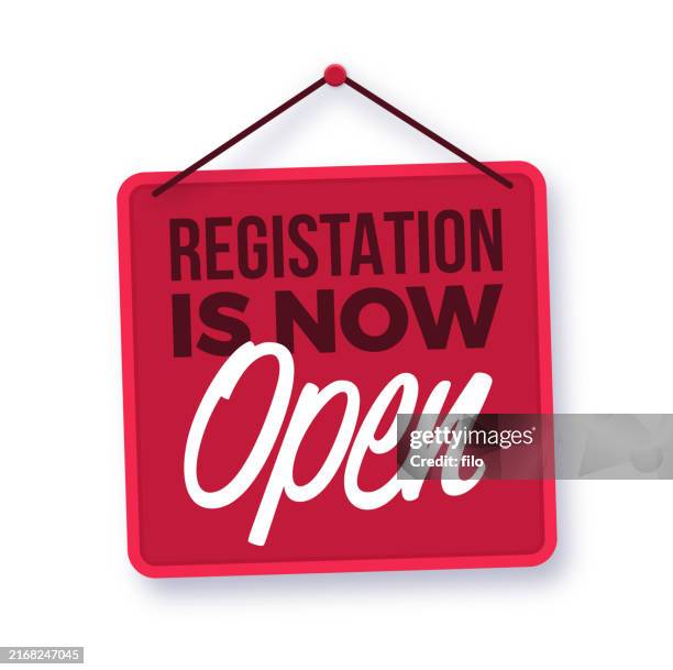 bildbanksillustrationer, clip art samt tecknat material och ikoner med registration is now open red hanging sign - register