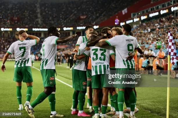 Isaac Schmidt of St.Gallen celebrates with his teammates after a goal during the UEFA Conference League play-off second leg match between Trabzonspor...