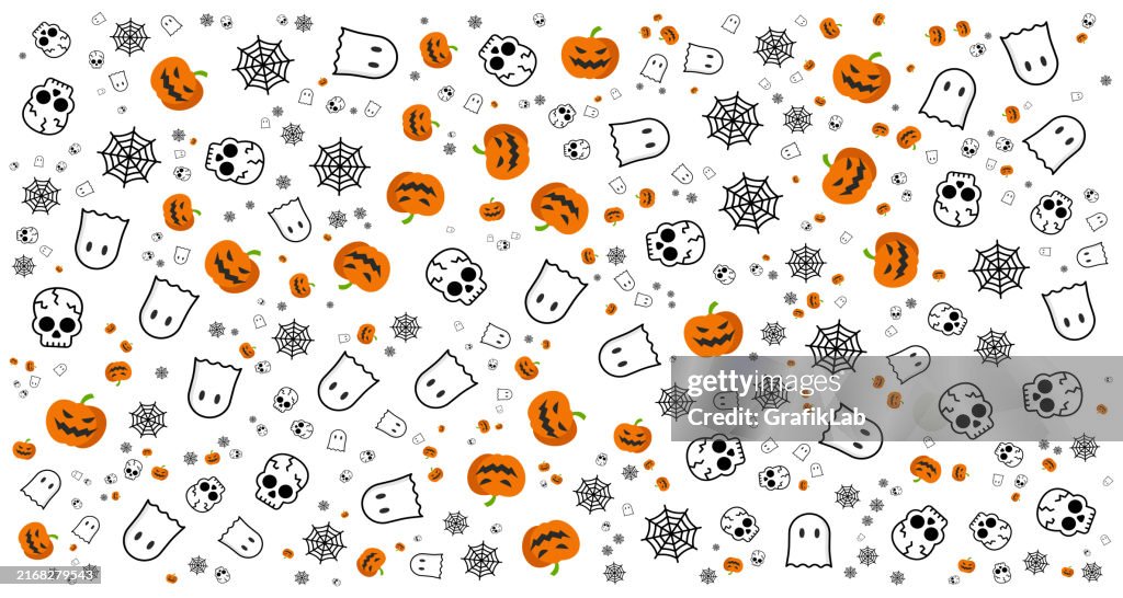 Halloween Pattern With Pumpkins, Ghosts, Skulls, and Spider Webs