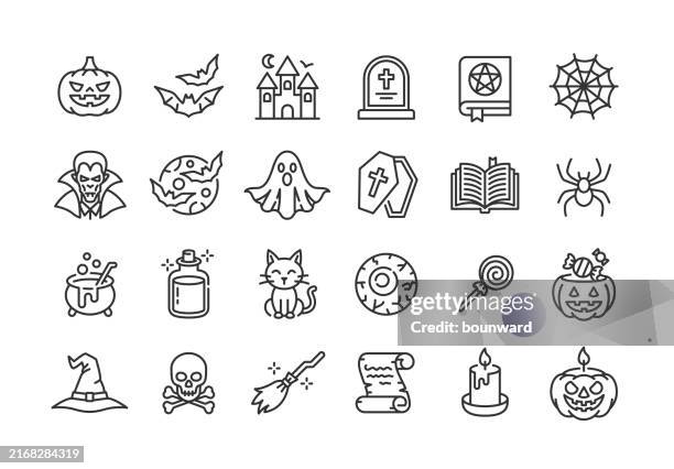halloween line icons. editable stroke. - cat line drawing stock illustrations
