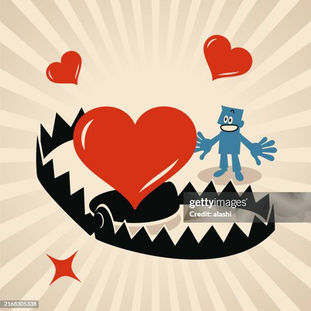 stockillustraties, clipart, cartoons en iconen met a man stares at the big love heart in front of him and ignores that it is bait in a bear trap, the dangers of blind love, temptation and consequences - pitfall