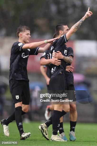 Marin Jakolis of Macarthur FC celebrate a goal during the 2024 Australia Cup Round of 16 match between Newcastle Jets and Macarthur FC at Maitland...