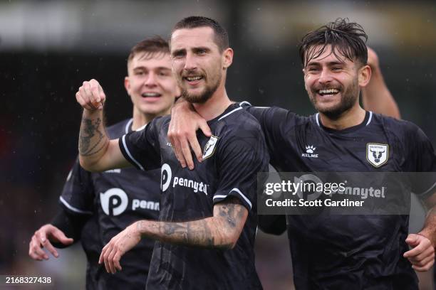 Marin Jakolis of Macarthur FC celebrate a goal during the 2024 Australia Cup Round of 16 match between Newcastle Jets and Macarthur FC at Maitland...