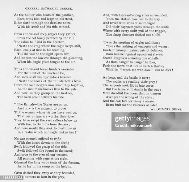 old engraved illustration of poem about major-general nathanael greene by william gilmore simms - page stock pictures, royalty-free photos & images