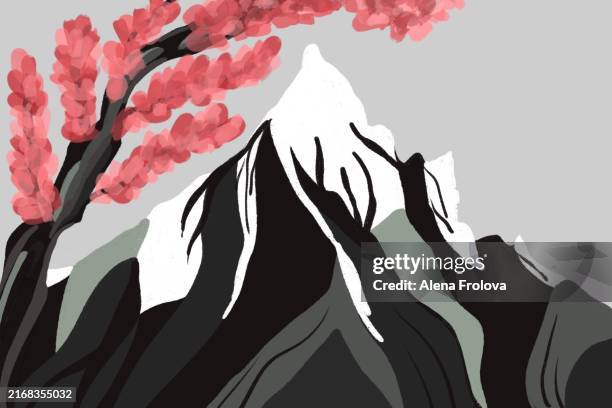 japanese vintage art cherry blossoms against the backdrop of a mountain - japanese language stock pictures, royalty-free photos & images