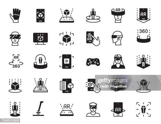 augmented reality and virtual reality icon set, vector illustration - virtual reality simulator touching screen stock illustrations