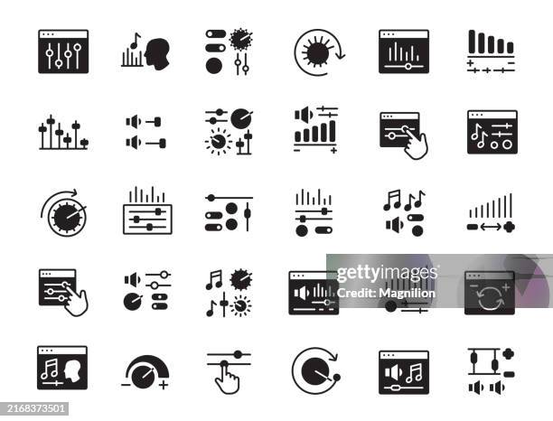 audiosteuerung und einstellungen icon set, vektorillustration - lautstärkeregler stock-grafiken, -clipart, -cartoons und -symbole