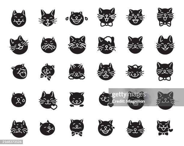 katzengesichter-symbole in schwarz mit verschiedenen ausdrücken, schleifen und herzdetails - kawaii animals set stock-grafiken, -clipart, -cartoons und -symbole