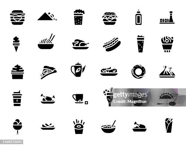 fast food and beverage icon set in black silhouettes, vector illustration - chicken nugget stock illustrations