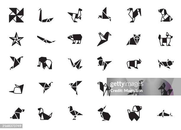 ilustrações de stock, clip art, desenhos animados e ícones de geometric animal and shape icon set in black, featuring various origami inspired designs, vector illustration - passaro-gaiola