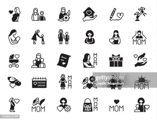 mother's day icon set in black, featuring symbols of moms, children, and gifts, vector illustration - father stock illustrations