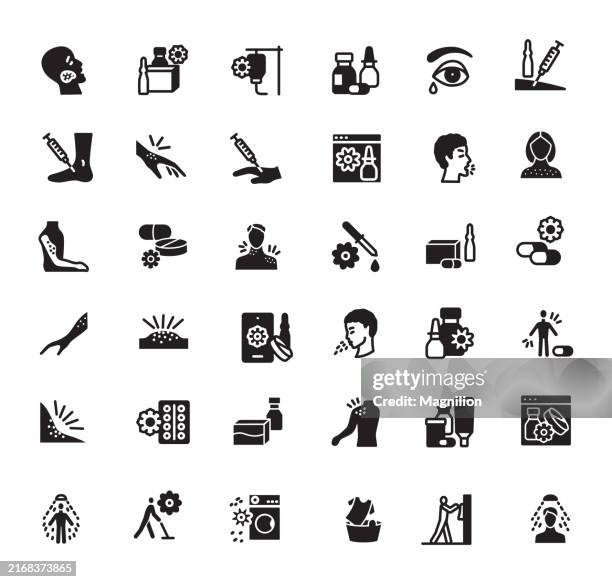 illustrations, cliparts, dessins animés et icônes de icônes de traitement des allergies et des soins de la peau en noir, silhouettes monochromes - irritation cutanée