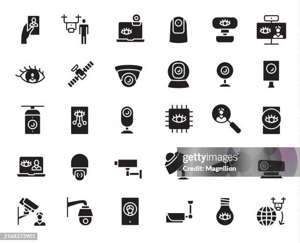 überwachungs- und überwachungskamera-icon-set, vektor-illustration - überwachungskamera stock-grafiken, -clipart, -cartoons und -symbole