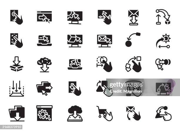 interactive user interface and gesture control icon set in black, featuring click, swipe, and download actions, vector illustration - software development stock illustrations