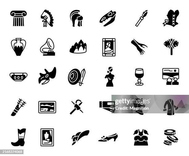 historical and cultural icon set in black, featuring various artifacts and attire, vector illustration - archaeology stock illustrations
