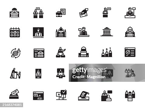 Government and Election Icon Set in Black, Featuring Voting, Institutions, and Political Symbols, Vector Illustration Government and Election Icon Set in Black, Featuring Voting, Institutions, and Political Symbols, Vector Illustration