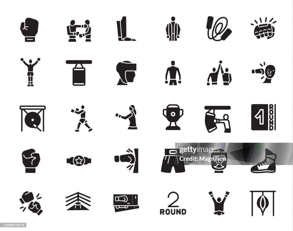 Box-Ikonen in Schwarz, mit Handschuhen, Boxershorts und Meisterschaftselementen