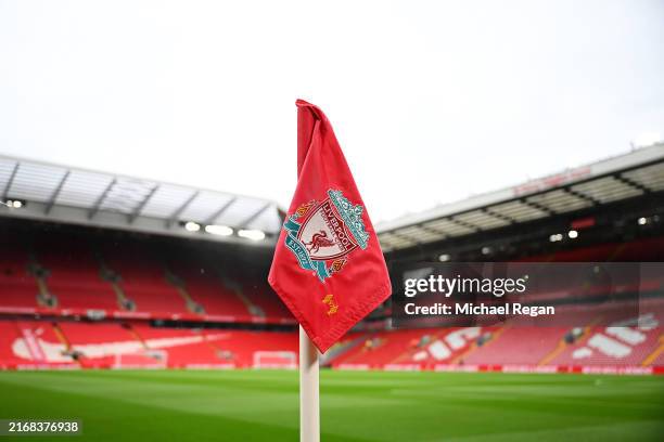 General view inside the stadium, where the corner flag, featuring the clubs logo can be seen prior to the Premier League match between Liverpool FC...