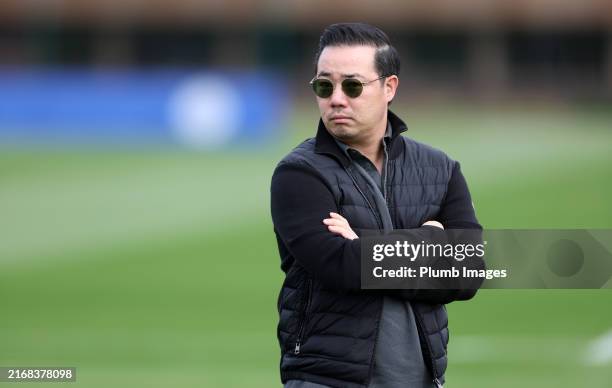 Chairman Aiyawatt Srivaddhanaprabha of Leicester City participates in a training session and press conference at Seagrave Training Complex on August...
