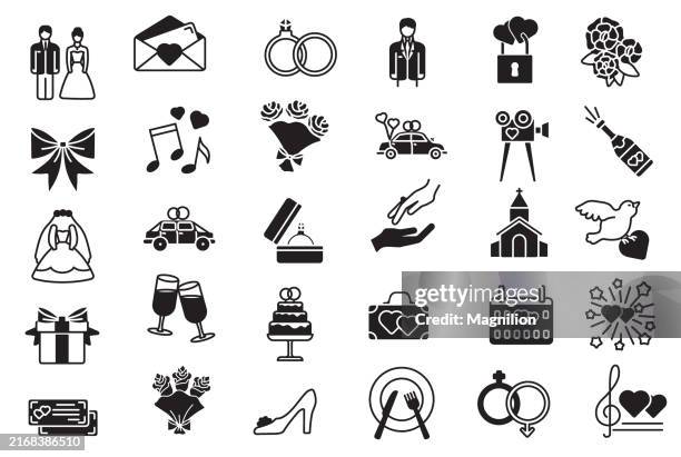 ilustrações de stock, clip art, desenhos animados e ícones de wedding and romance icon set in black featuring bride, groom, rings, and wedding symbols - ramo-de-flores