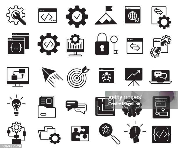 comprehensive software development and programming icons in black featuring code, gears, and security elements - game programming stock illustrations