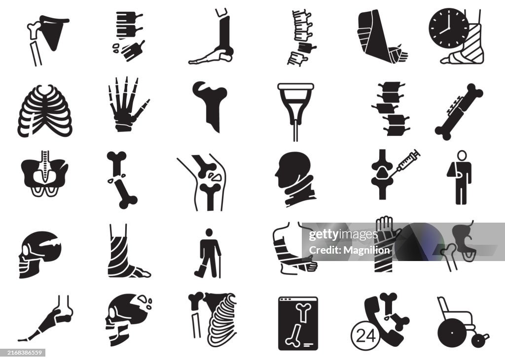 Orthopedic and Injury Icon Set in Black Featuring Bones, Joints, and Medical Devices