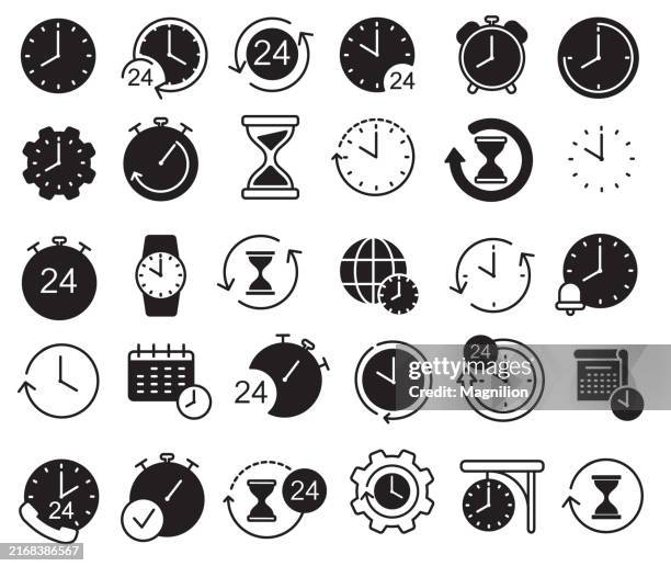 time and clock icon set in black featuring various timekeeping elements - work zone stock illustrations