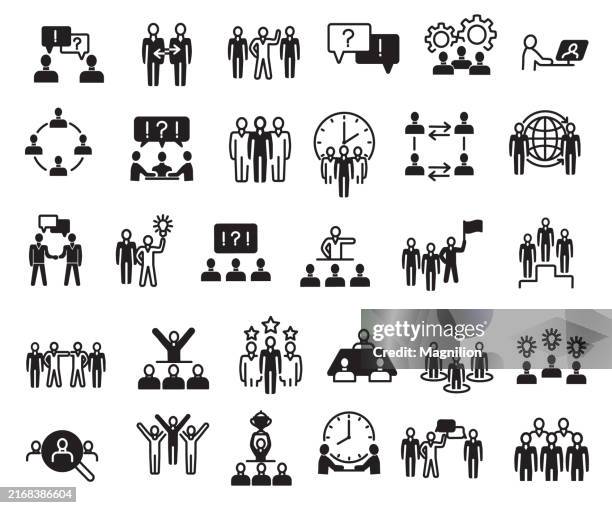 business and teamwork icon set in black highlighting collaboration and leadership - lead time stock illustrations