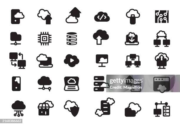 cloud computing and data storage icons set in black and white, vector illustration - database search stock illustrations