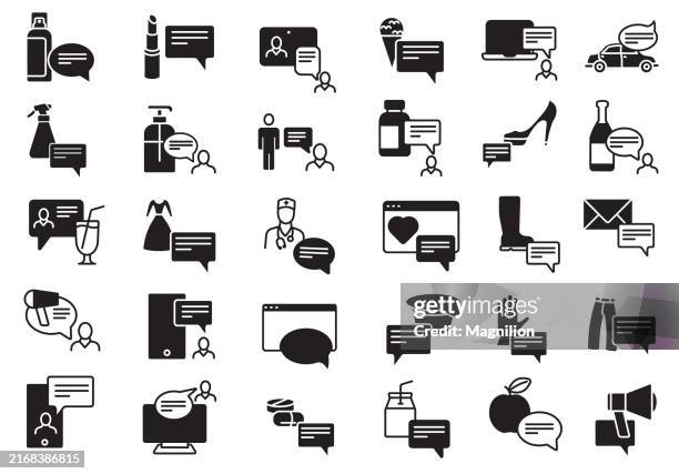 diverse communication and product interaction icon set in solid black, representing conversations around various consumer goods - makeup in car stock illustrations