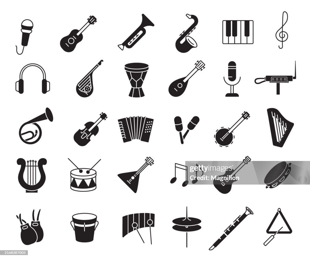 Musical Instruments and Symbols Icon Set, Featuring Diverse Instruments and Musical Notes