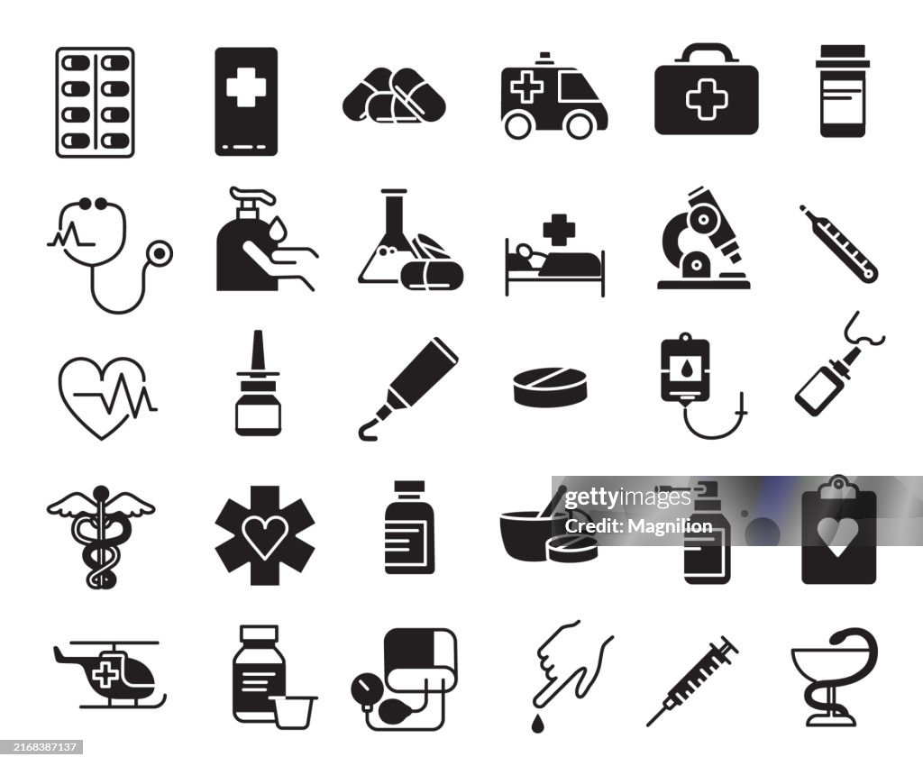 Healthcare and Medical Icons Set, 30 Solid Black Vector Symbols for Medical Services, Equipment, and Wellness