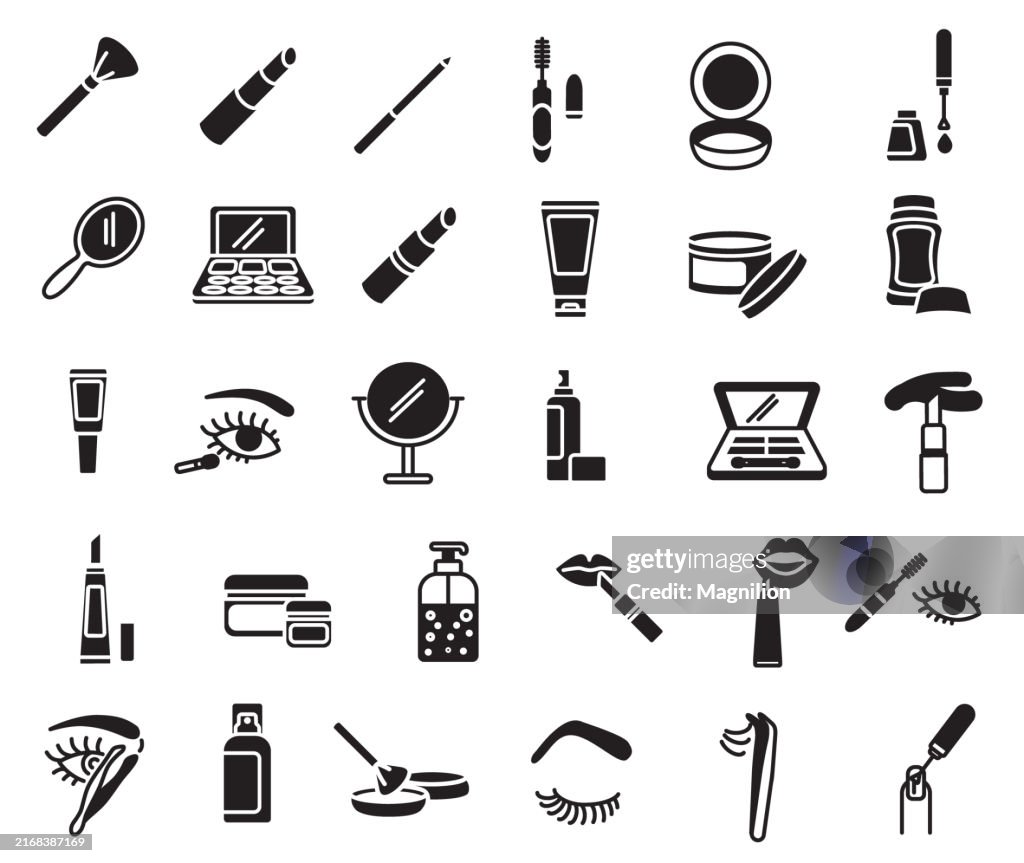 Cosmetics and Beauty Icon Set, 30 Solid Black Vector Symbols for Makeup and Skincare