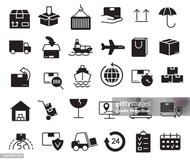 shipping and logistics icons set, solid black vector symbols for delivery, packaging, and global transport - cargo plane loading stock illustrations