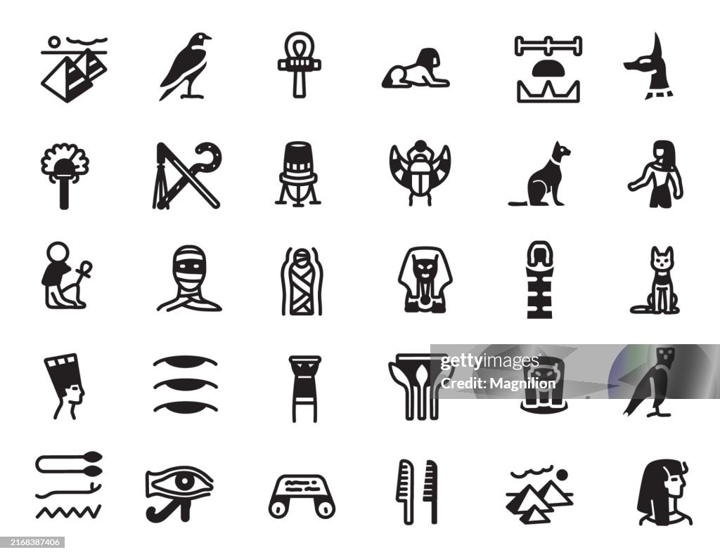 Ancient Egyptian Symbols and Icon Set in Black, Featuring Pyramids, Ankh, Sphinx, and Pharaoh Figures