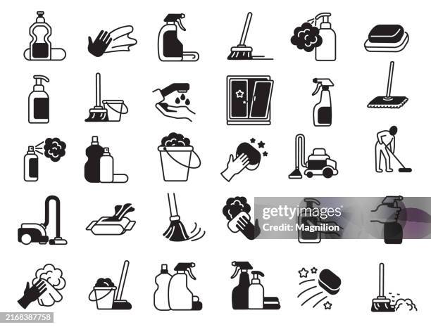 ilustraciones, imágenes clip art, dibujos animados e iconos de stock de set de iconos de limpieza e higiene en negro - guantes de trabajo