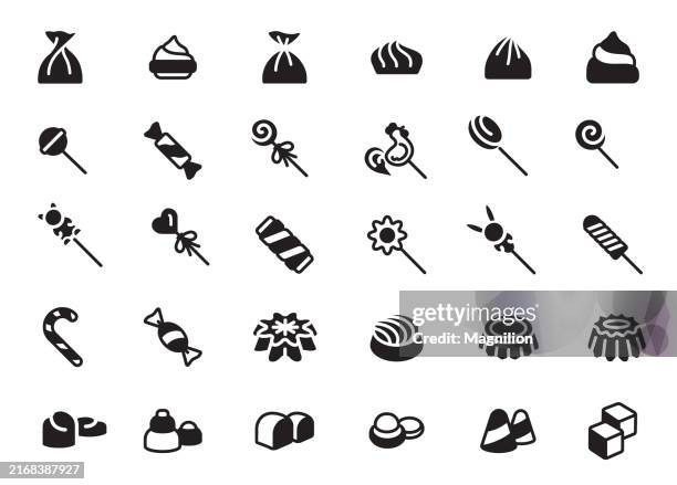 ilustraciones, imágenes clip art, dibujos animados e iconos de stock de iconos variados de caramelos y golosinas en negro, con piruletas, chocolates y golosinas - envoltorio de dulce