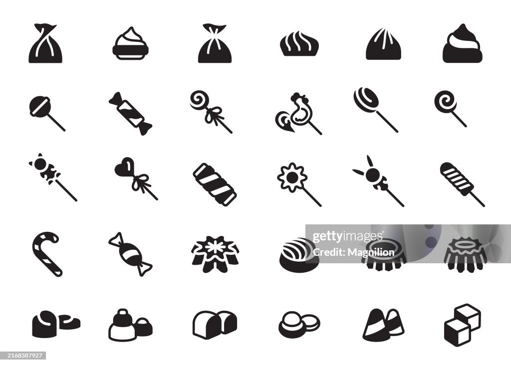 Assorted Candy and Sweets Icons Set in Black, Featuring Lollipops, Chocolates, and Confections