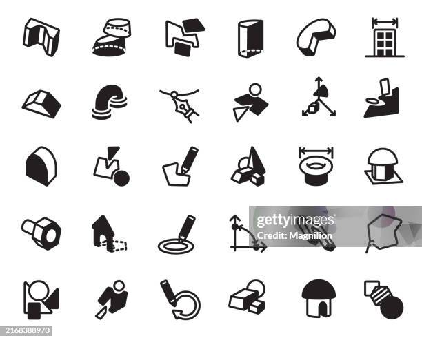 cad, geometric shape and measurement icons in solid black - precision and design illustration - virtual work tools stock illustrations