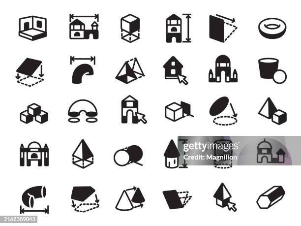 cad, black solid icons of 3d geometric shapes and design elements, vector graphics for technical projects - triangle instrument stock illustrations