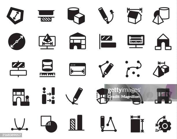 cad, engineering and measurement icons in solid black, drafting, design, and technical illustration - 3d printer stock illustrations