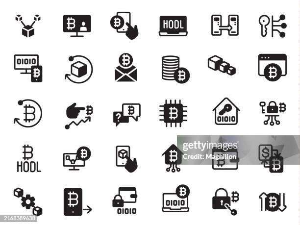 cryptocurrency and blockchain icons set in black, featuring bitcoin and digital assets symbols - digital currency stock illustrations
