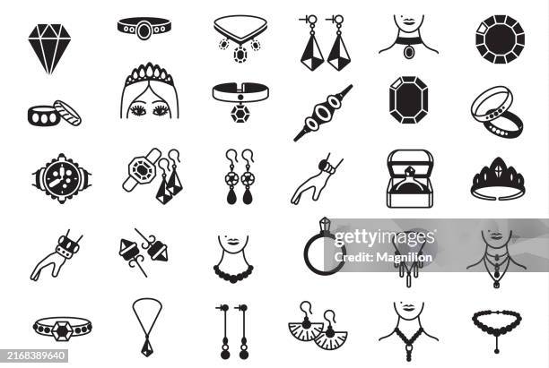 elegante schmucksymbole in schwarz mit ringen, halsketten, ohrringen und edelsteinen - luxusuhr stock-grafiken, -clipart, -cartoons und -symbole